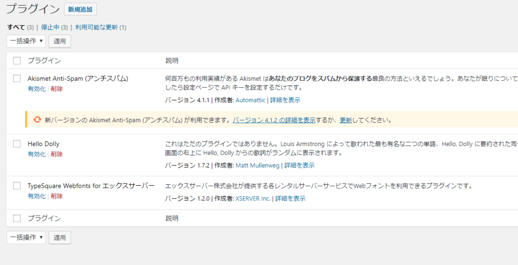 WordPress「インストール済みプラグイン」画面