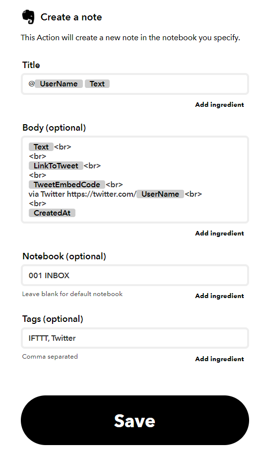 IFTTTでTwitterとEvernoteをつなぐ設定例。作られるノートのタイトル（Title）を「ユーザー名＋ツイート本文」にしてわかりやすくしておくと便利 