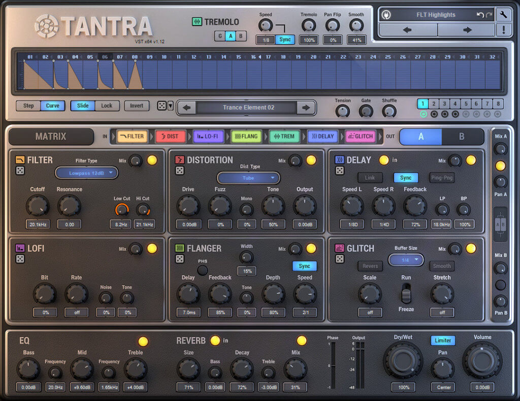 Dmitry Sches Audio Software「Tantra」画面。様々なエフェクターを組み合わせて複雑なサウンドを作れる