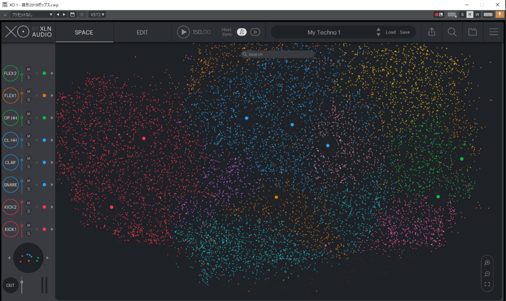 XOのメイン画面。星のように散らばっている音源を自由に選びリズムを組む