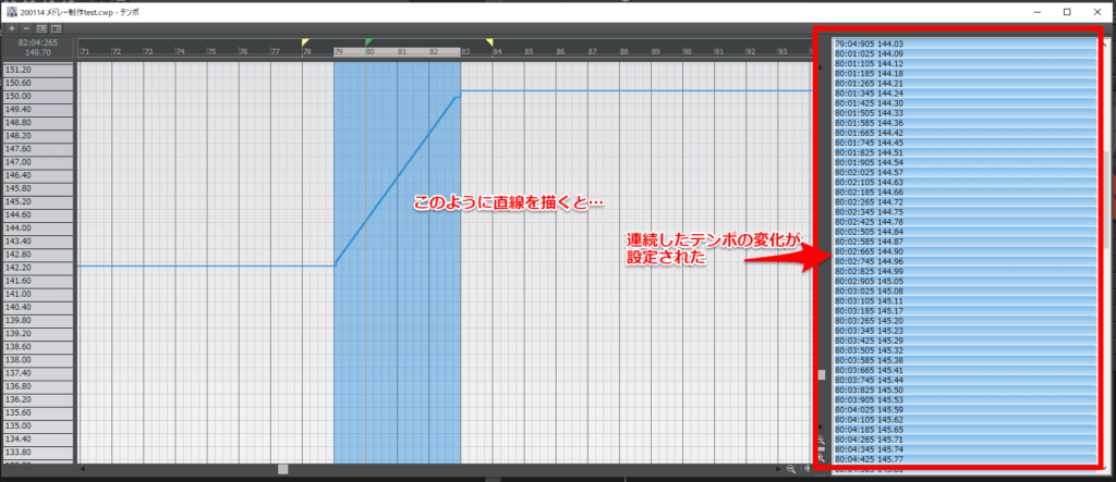 このように直線を引いて連続的にテンポを上げる。徐々に早回ししていくような面白い効果が出ます