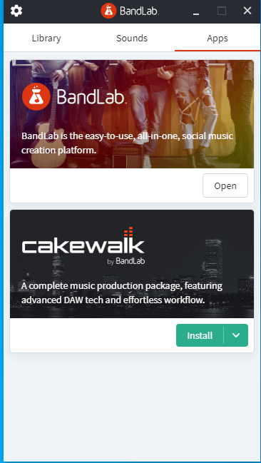 BandLab Assistantの「Apps」タブ画面。緑色の「Install」ボタンをクリックするとCakewalkのインストールが始まります