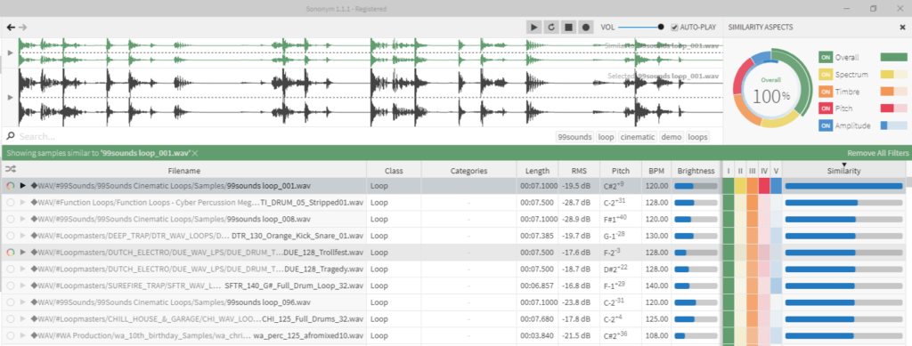 「Sononym」画面 Search by Similarity適用後